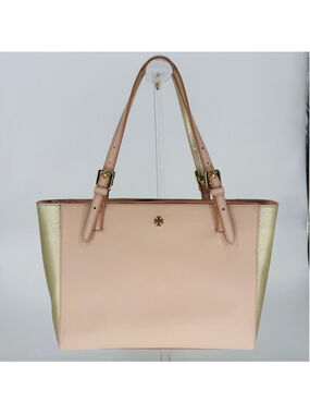 Tory Burch York Small Buckle Tote Bag Pink Gold Saffiano Leather